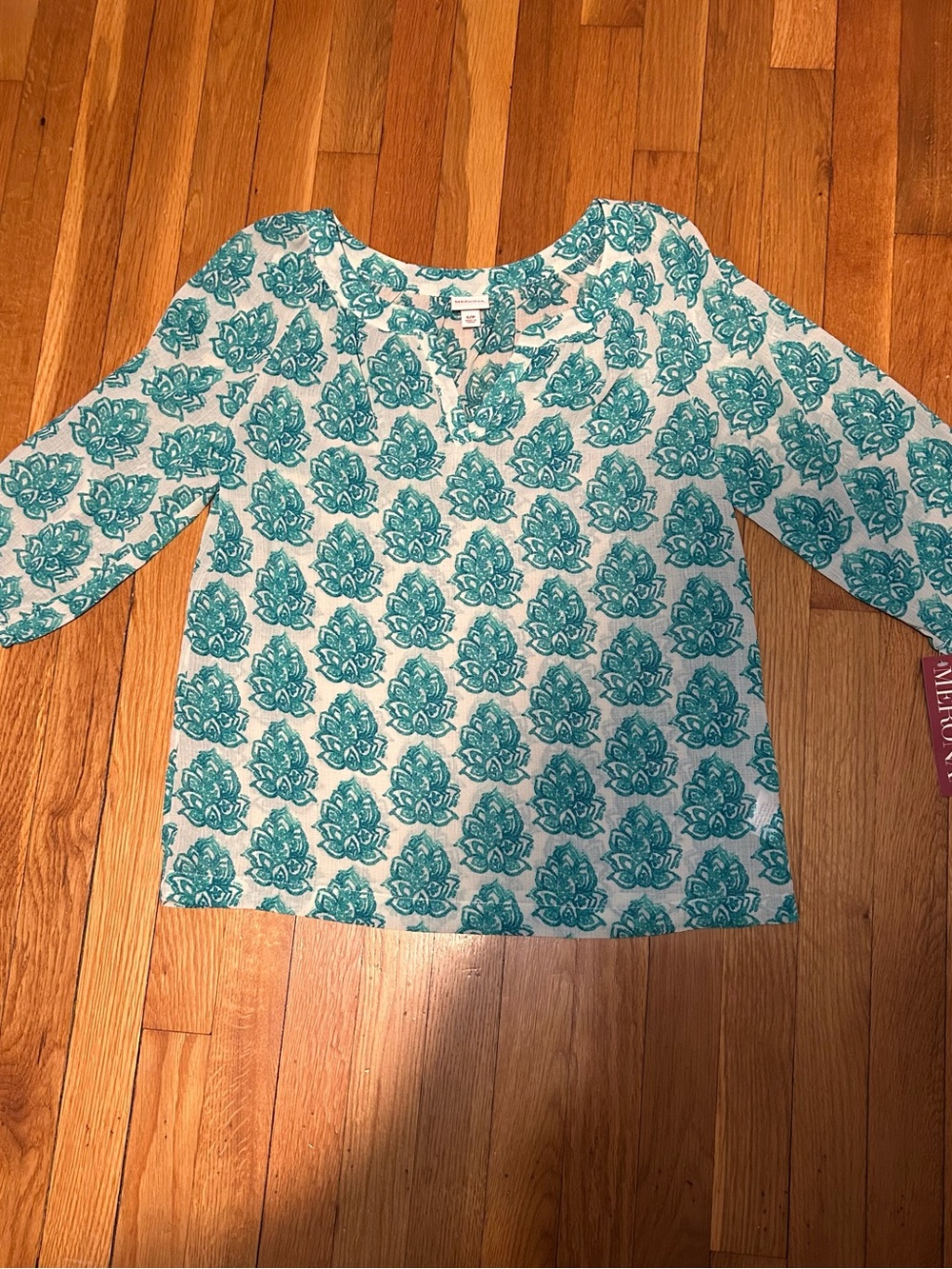 Merona White 3/4 Sleeve Top with Teal Floral Print